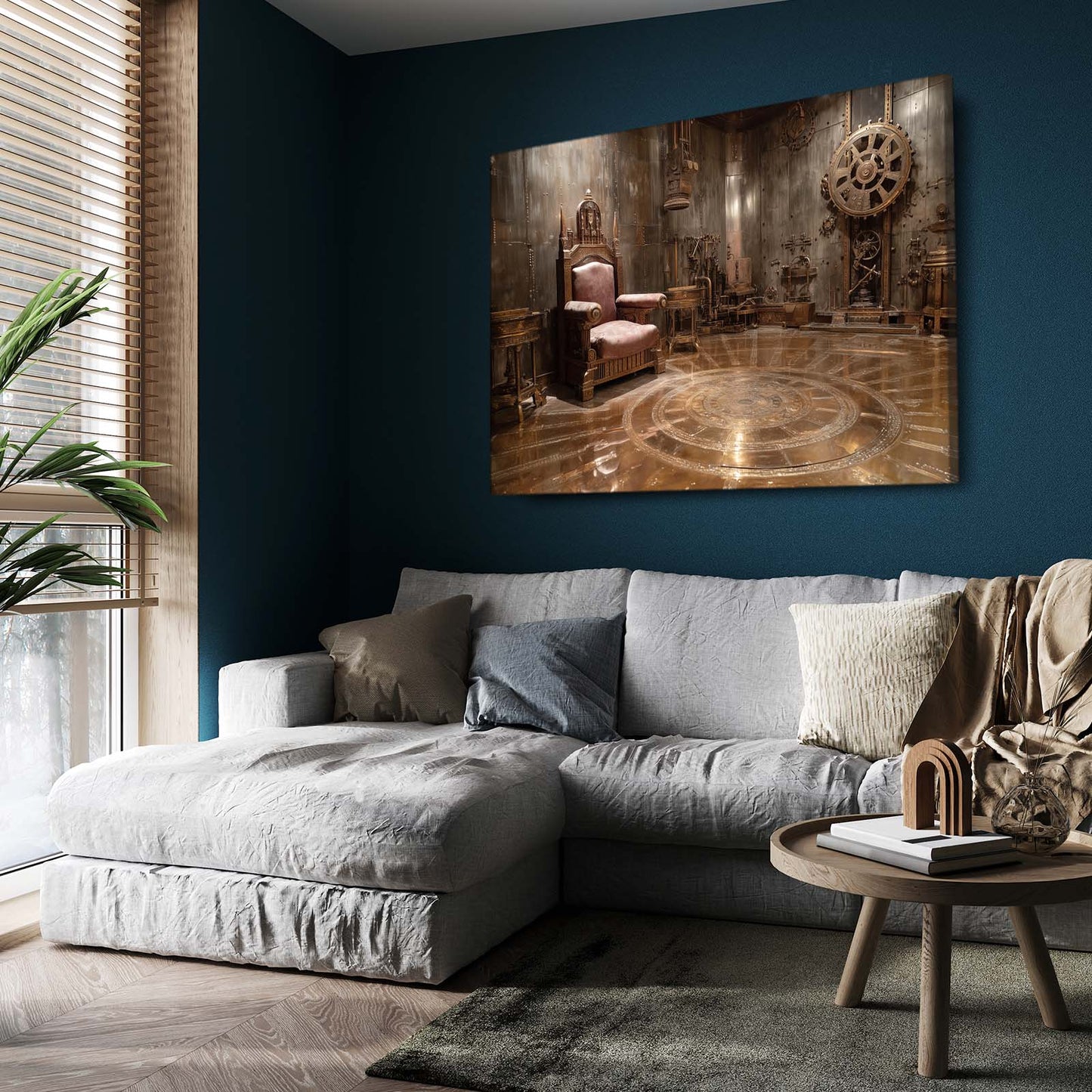 Gear Throne Chamber Steampunk Canvas Art – styled in a furnished interior