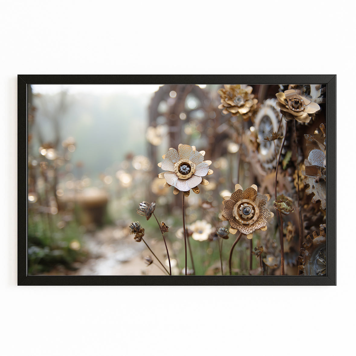 Gear Wildflower Garden Steampunk Wall Art – with Premium Black frame on white background