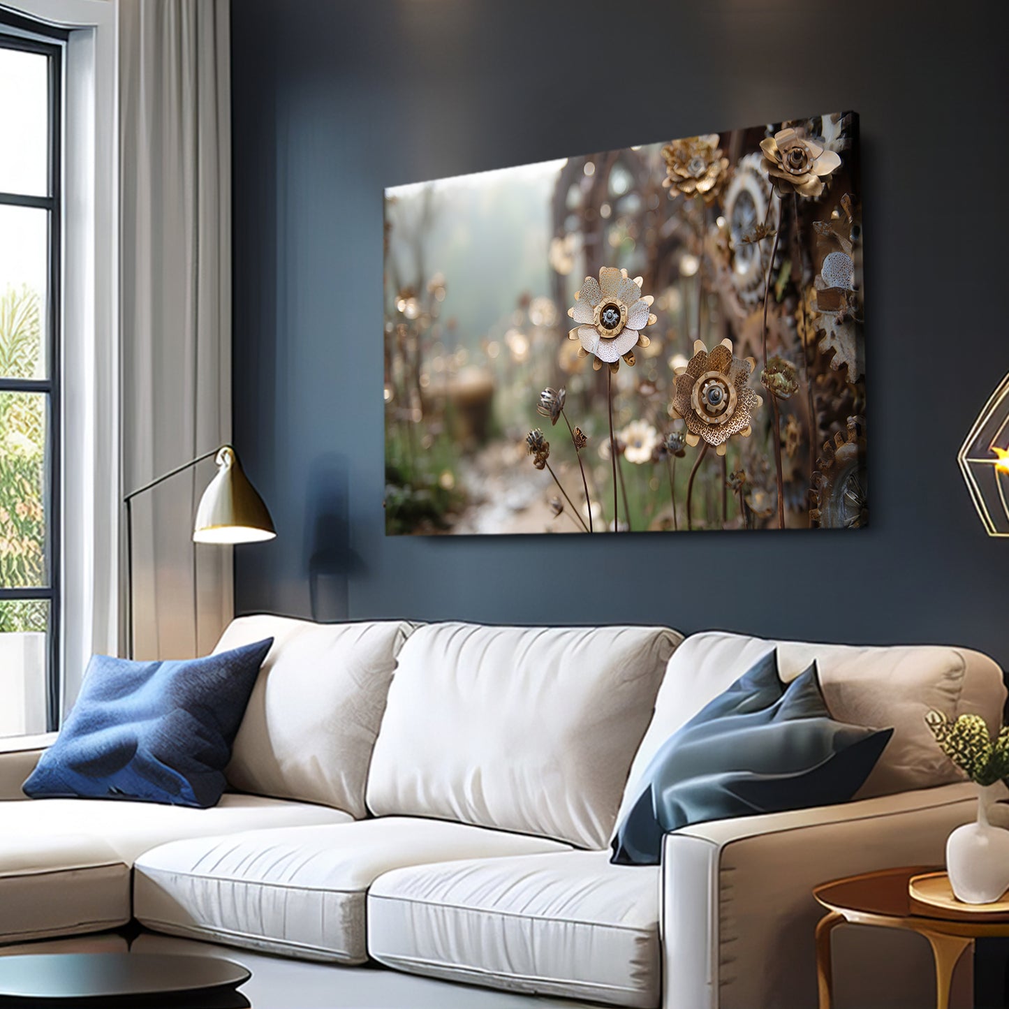 Gear Wildflower Garden Steampunk Wall Art – styled in a furnished interior