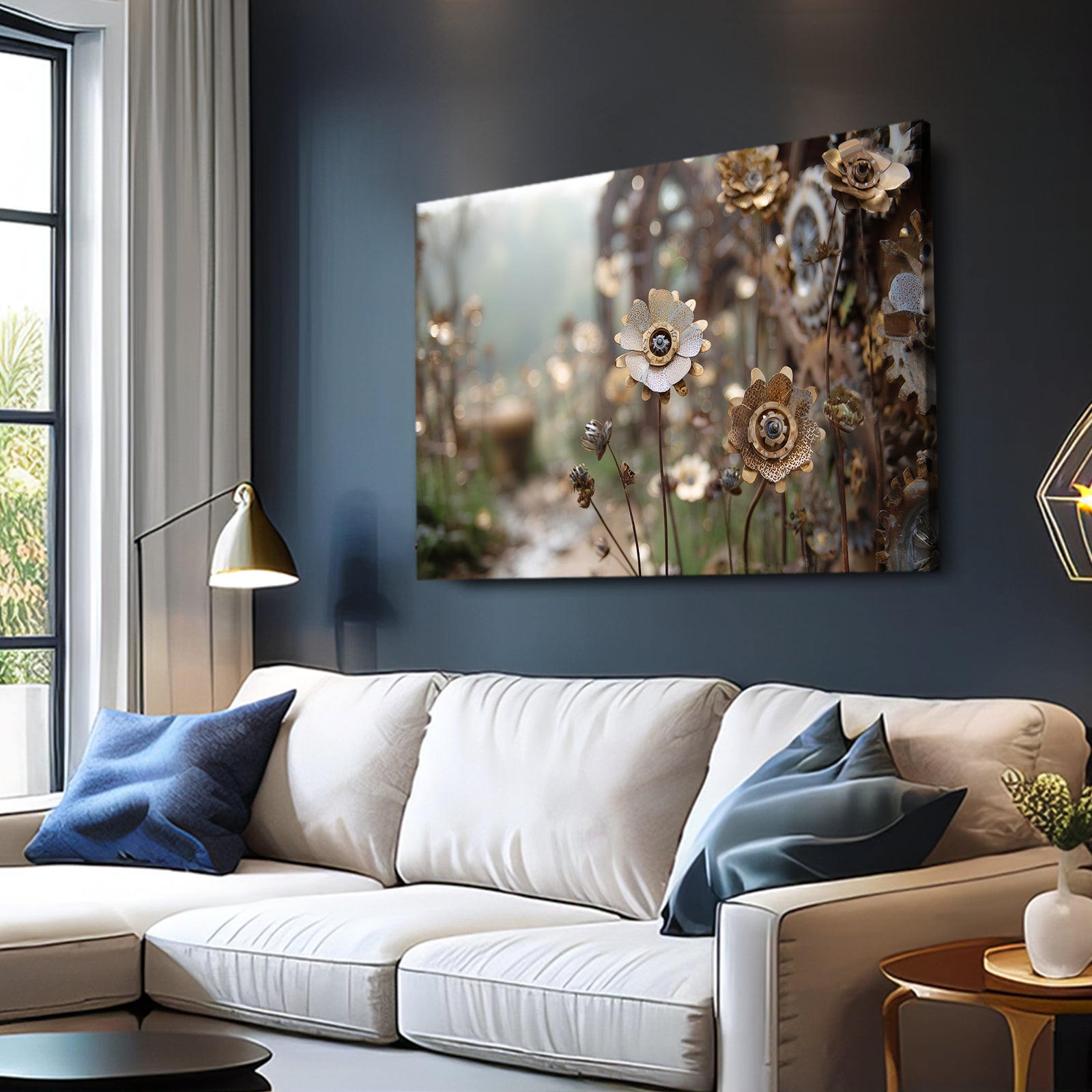 Gear Wildflower Garden Steampunk Wall Art – styled in a furnished interior