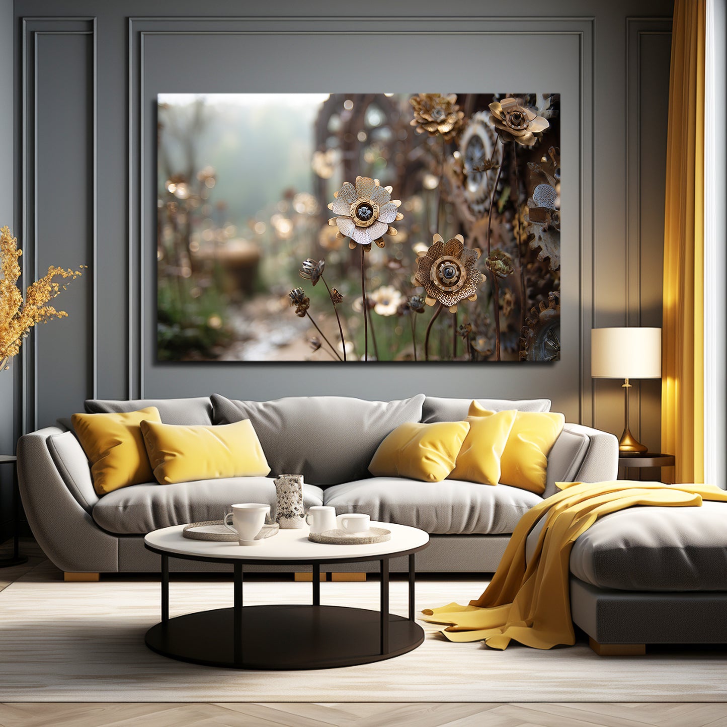 Gear Wildflower Garden Steampunk Wall Art – styled in a furnished interior