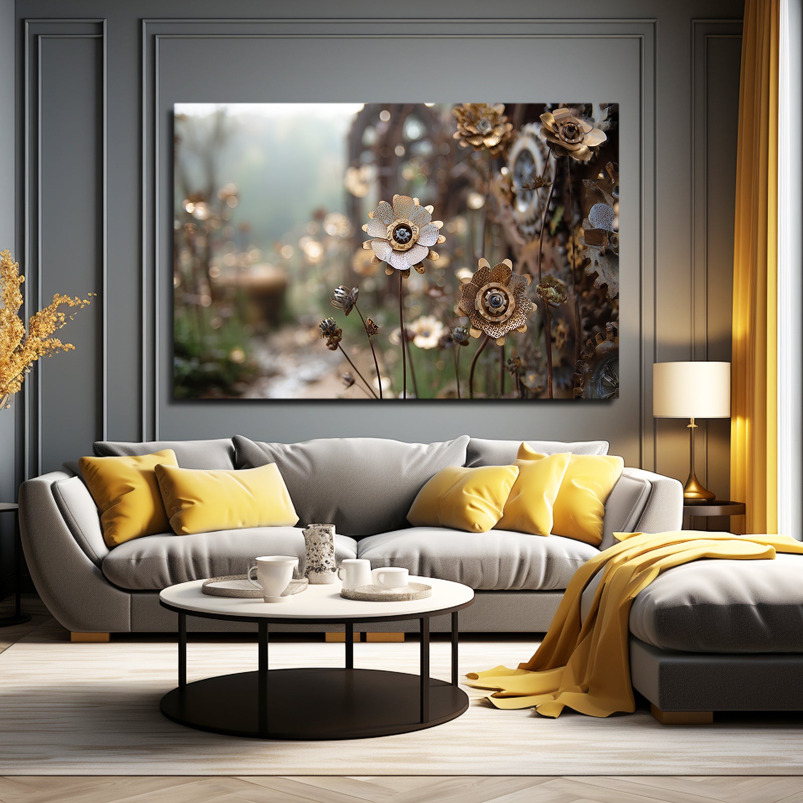Gear Wildflower Garden Steampunk Wall Art – styled in a furnished interior