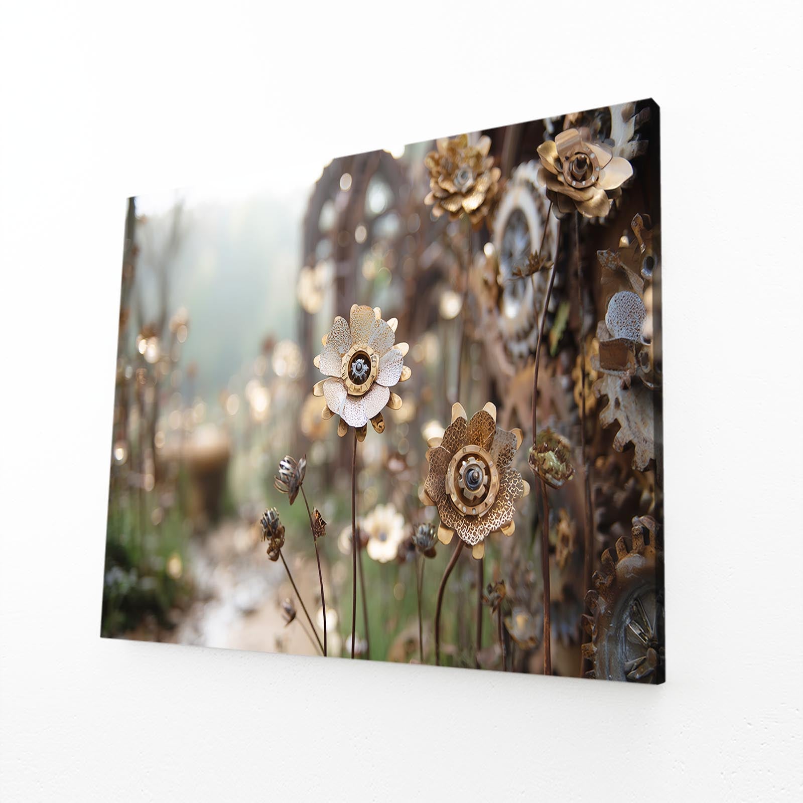 Gear Wildflower Garden Steampunk Wall Art – angled canvas view on white background
