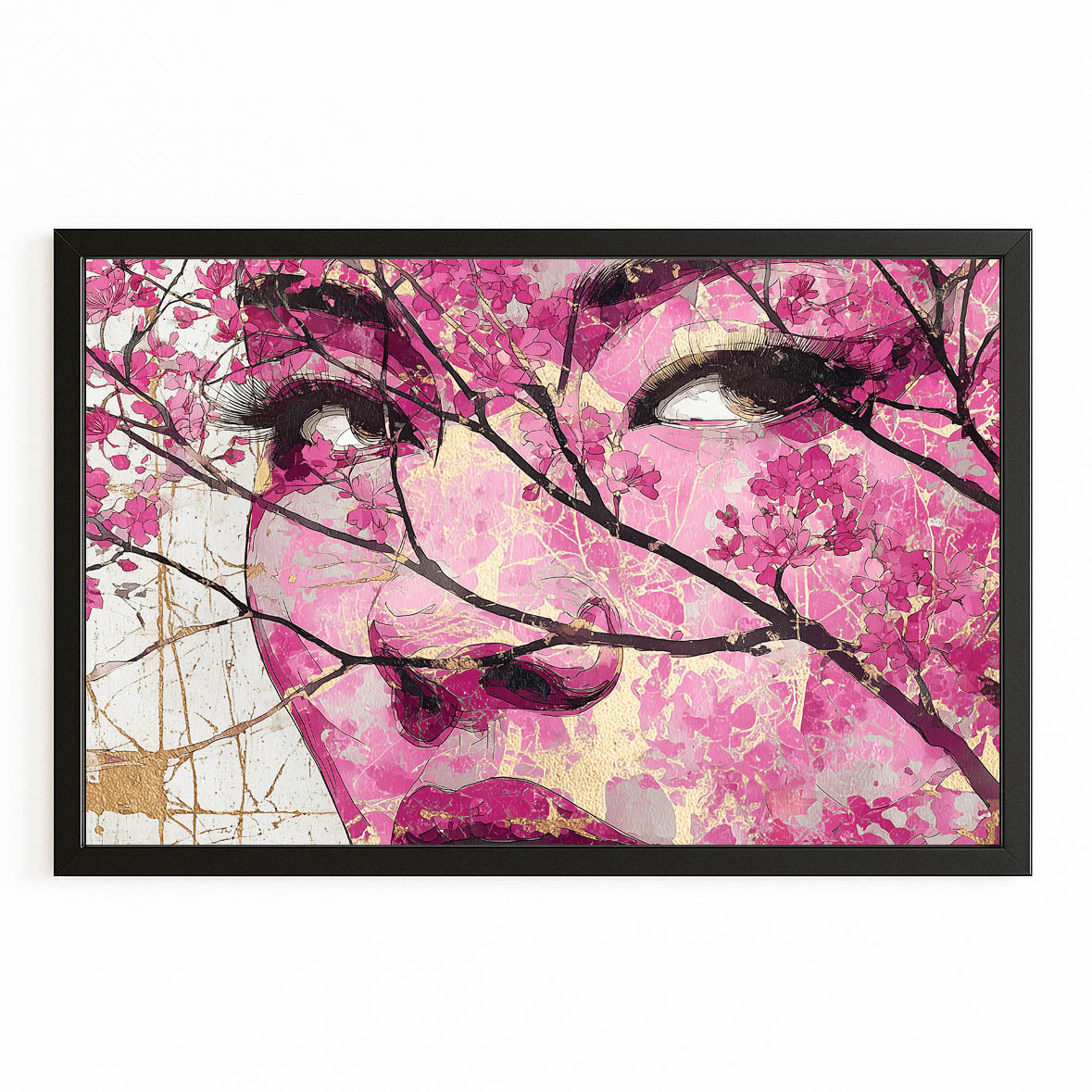Geisha Gaze Cherry Blossom Prints – with Premium Black frame on white background