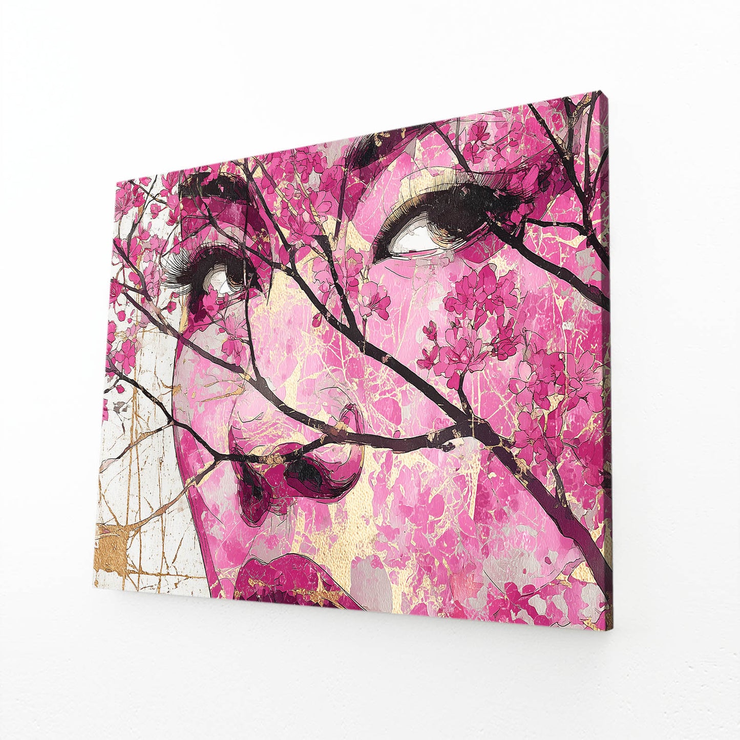 Geisha Gaze Cherry Blossom Prints – angled canvas view on white background