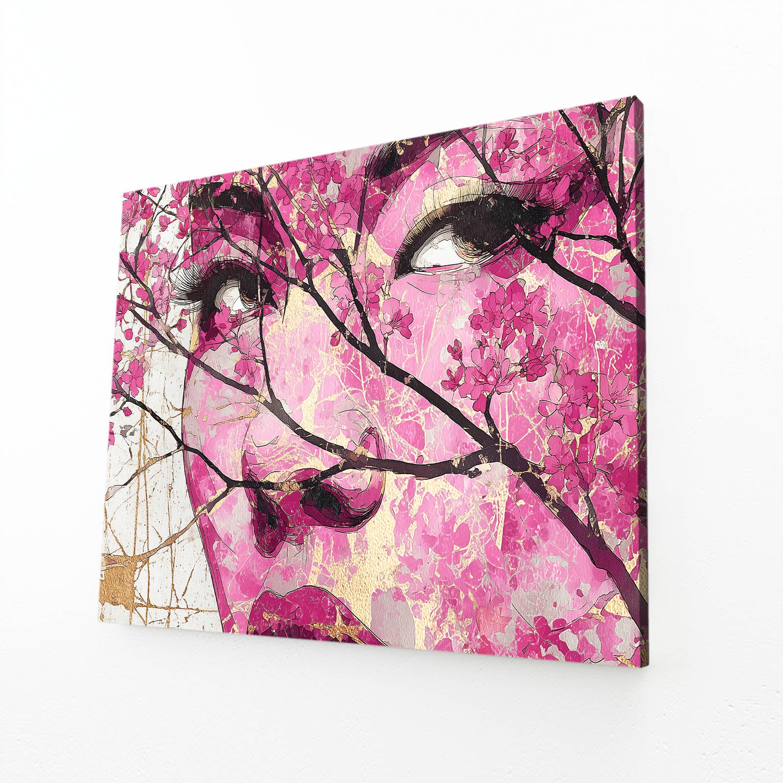 Geisha Gaze Cherry Blossom Prints – angled canvas view on white background