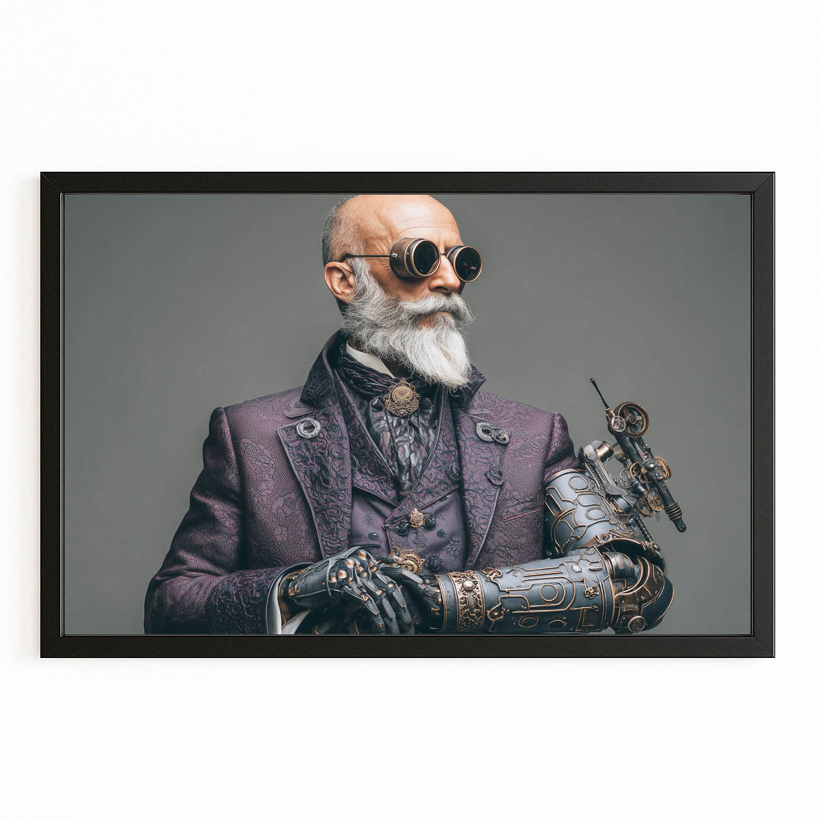 Gentleman Inventor Portrait Steampunk Canvas – with Premium Black frame on white background