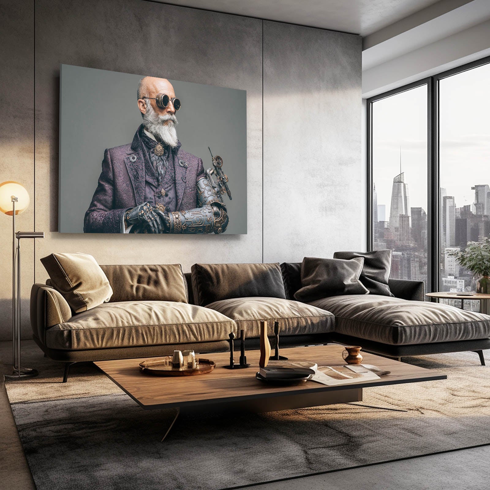 Gentleman Inventor Portrait Steampunk Canvas – styled in a furnished interior