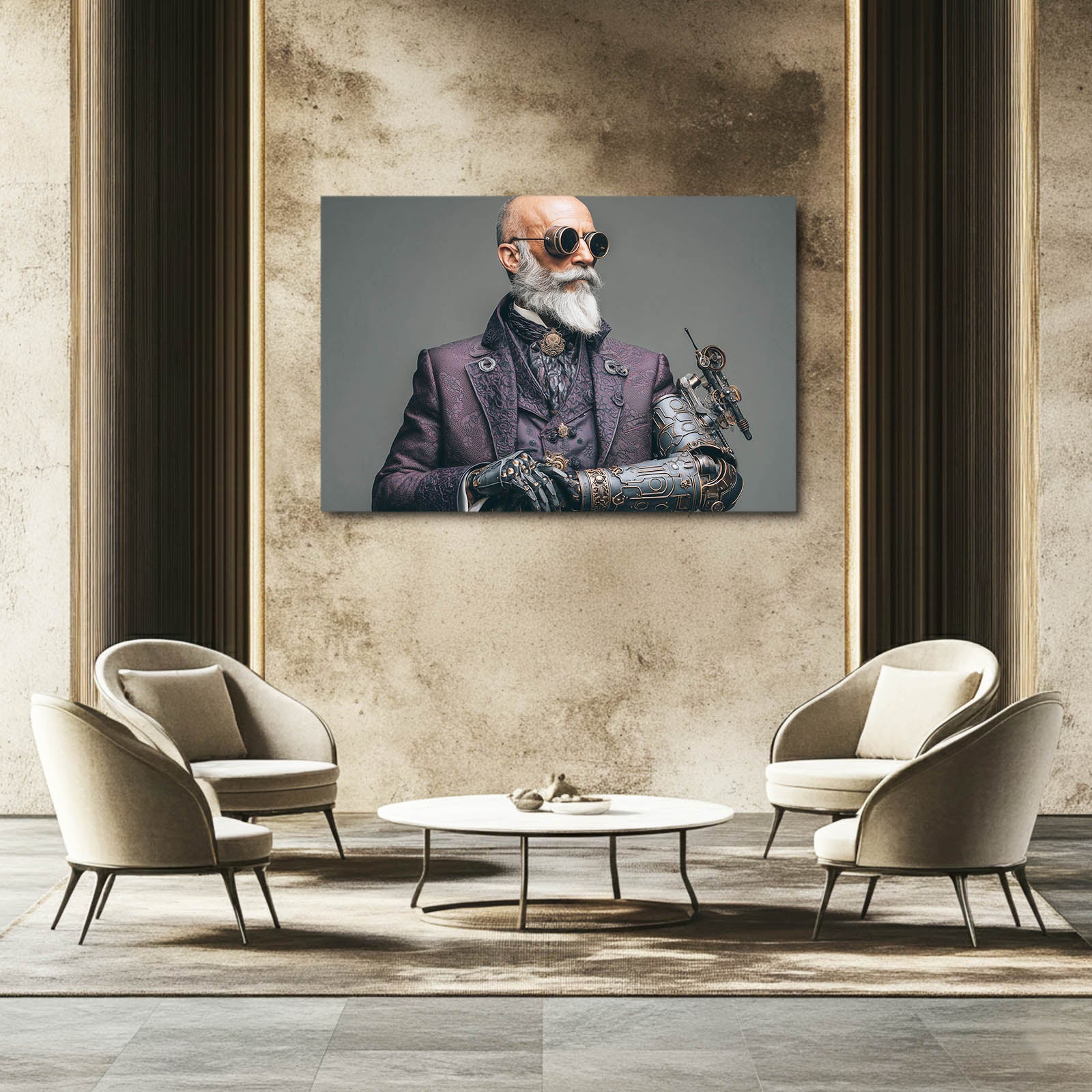 Gentleman Inventor Portrait Steampunk Canvas – styled in a furnished interior