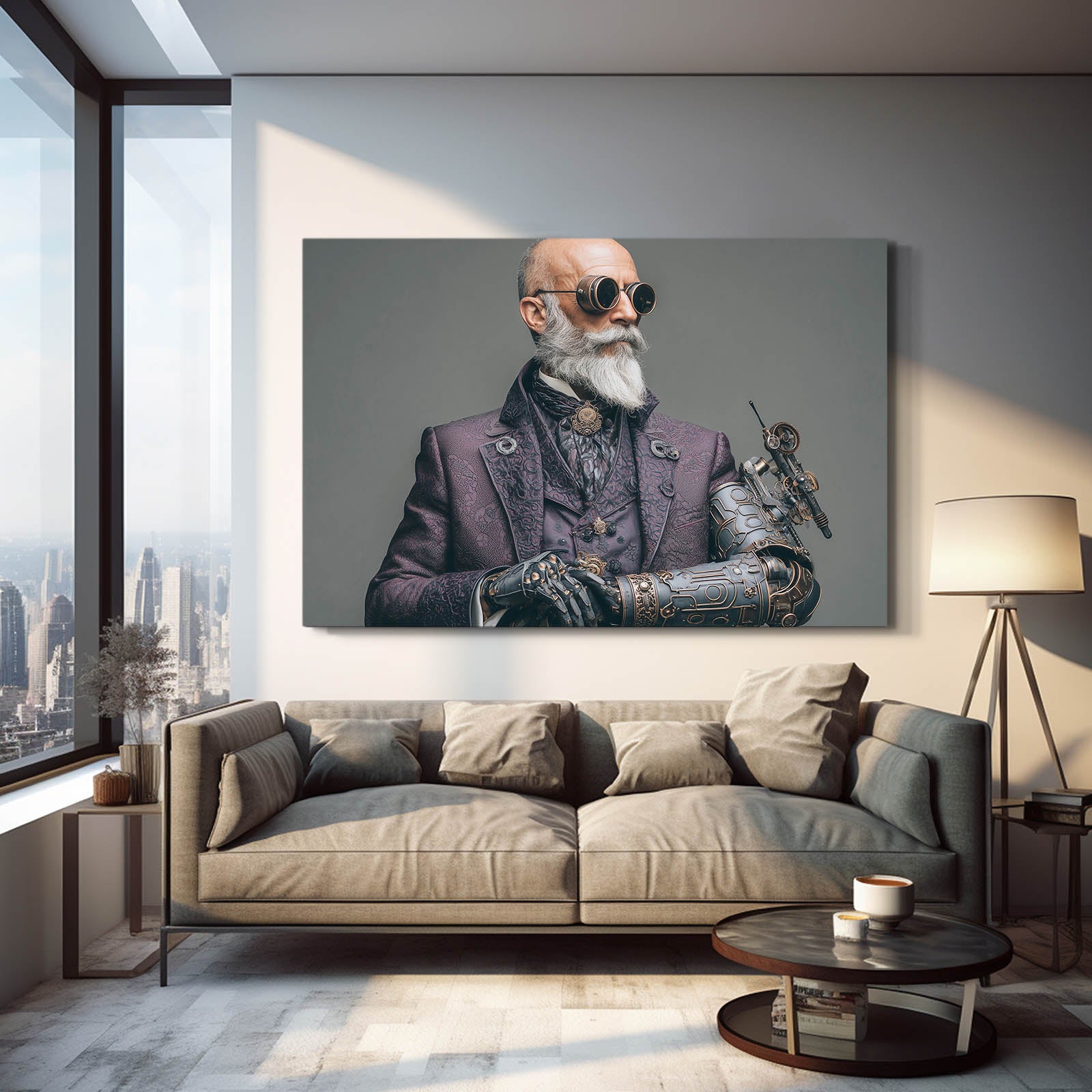 Gentleman Inventor Portrait Steampunk Canvas – styled in a furnished interior