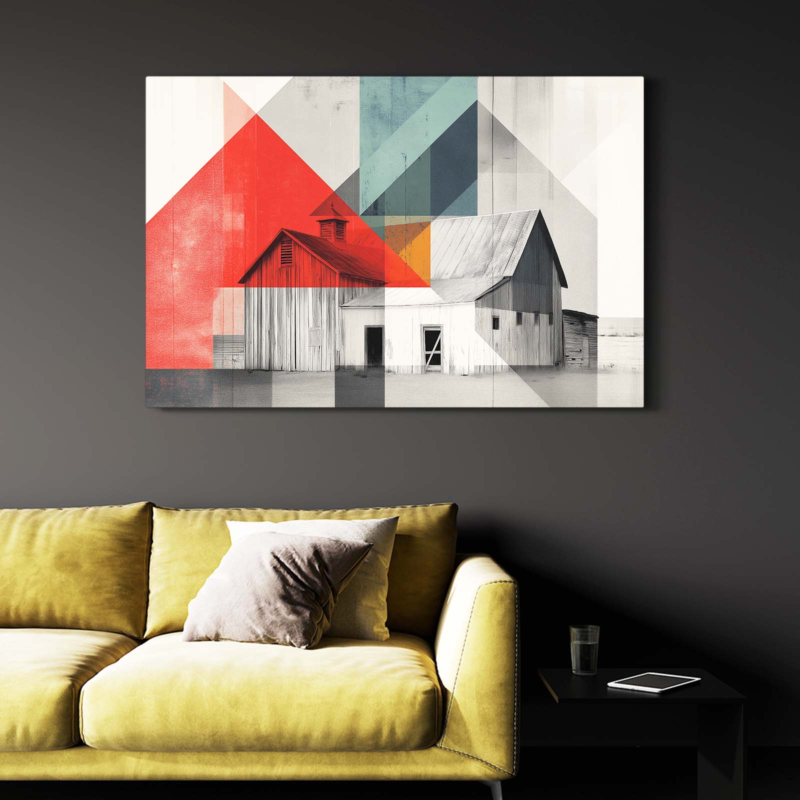 Geometric Abstract Barn Farmhouse Wall Art – styled in a furnished interior