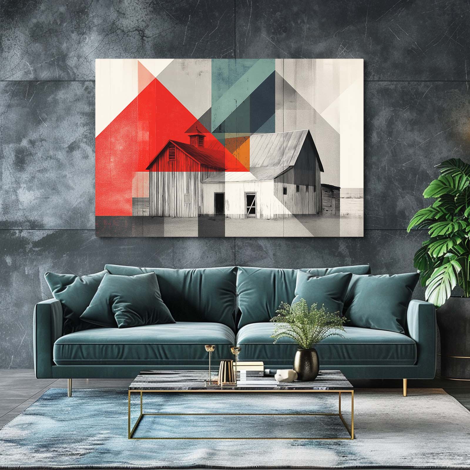 Geometric Abstract Barn Farmhouse Wall Art – styled in a furnished interior