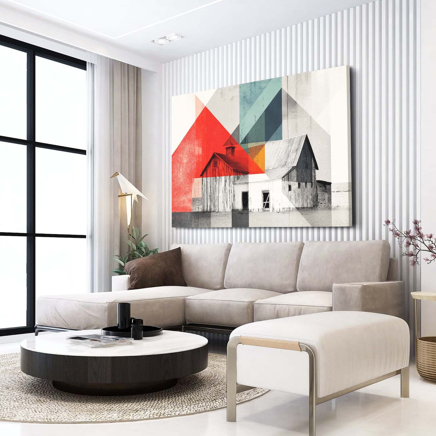 Geometric Abstract Barn Farmhouse Wall Art – styled in a furnished interior