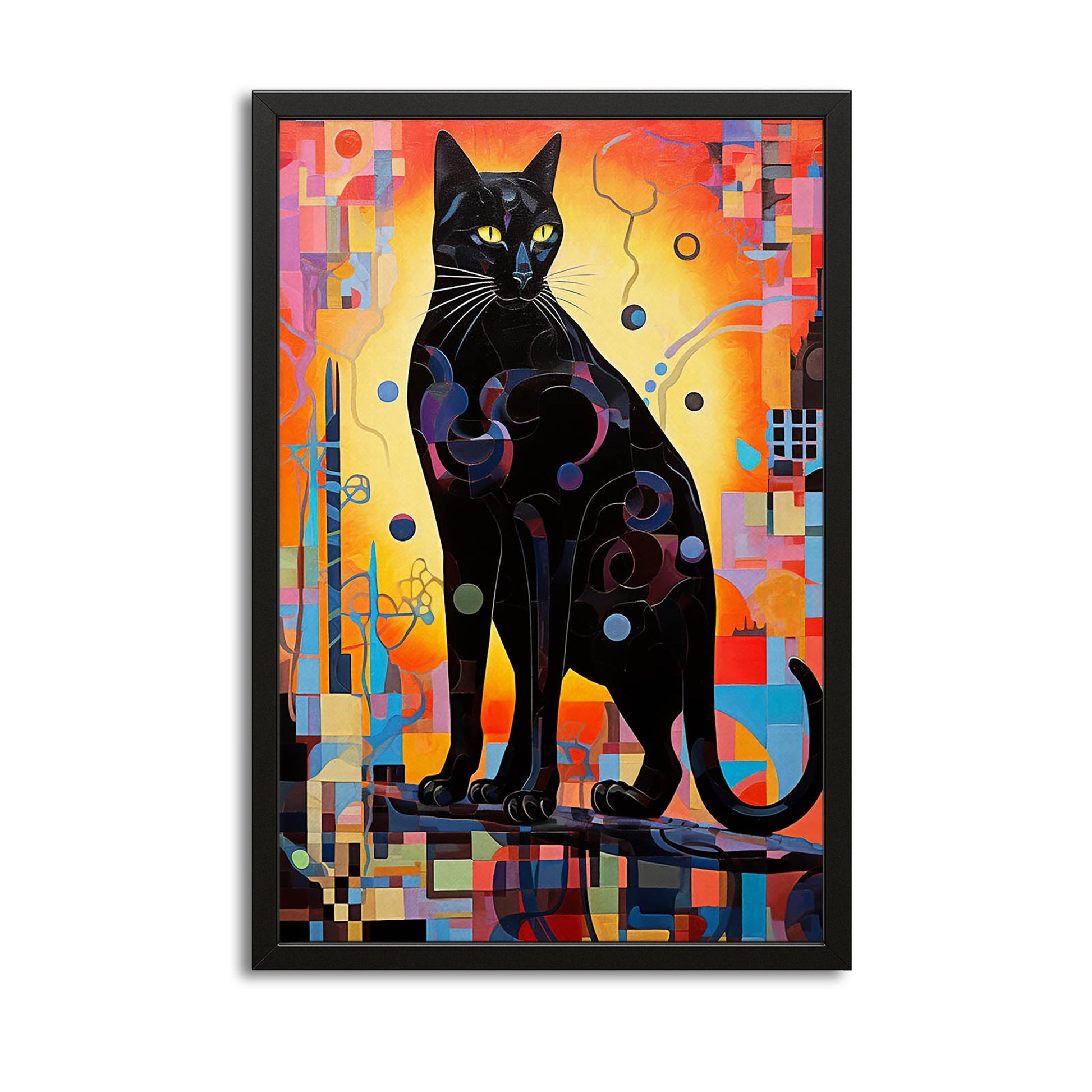 Geometric Abstract Cat Wall Art — contemporary canvas print in orange tones, canvas print on white background