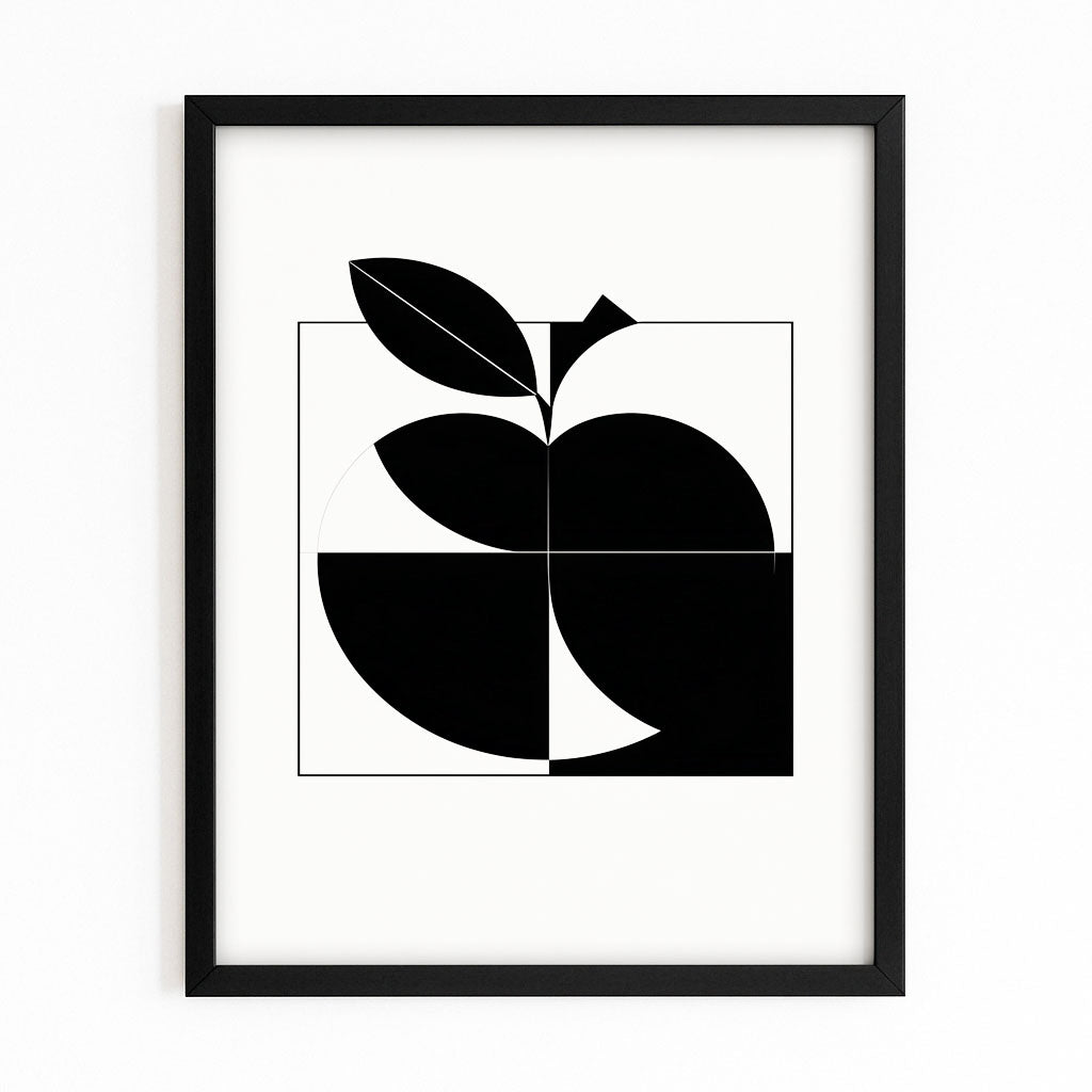 Geometric Black Half Apple Art – with Premium Black frame on white background