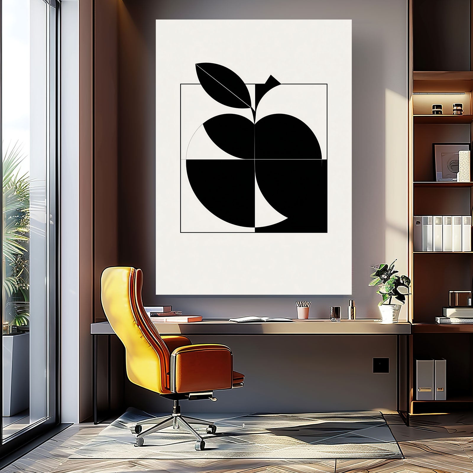 Geometric Black Half Apple Art – styled in a furnished interior