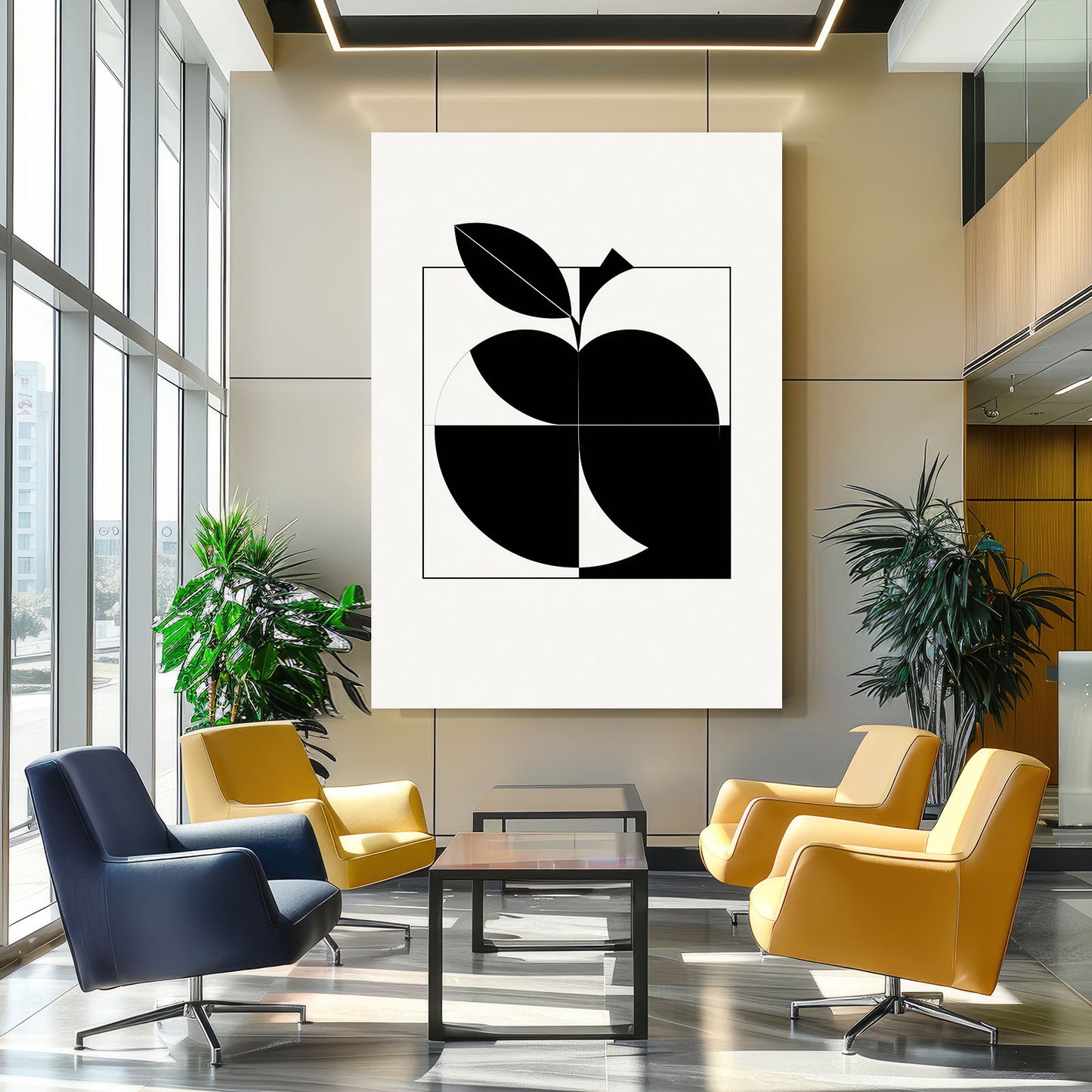 Geometric Black Half Apple Art – styled in a furnished interior