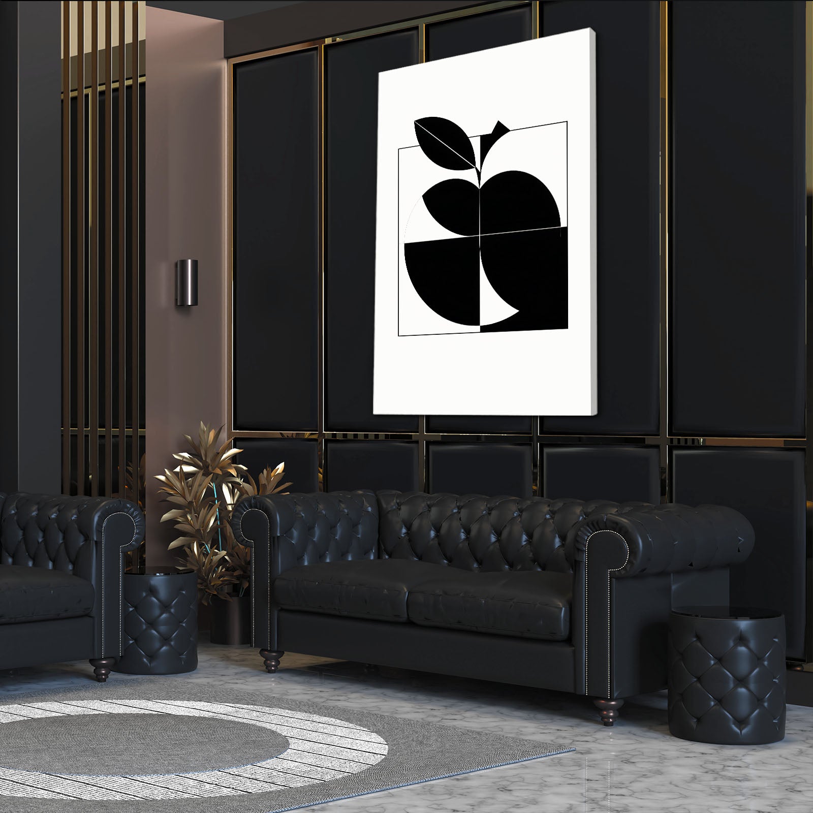 Geometric Black Half Apple Art – styled in a furnished interior