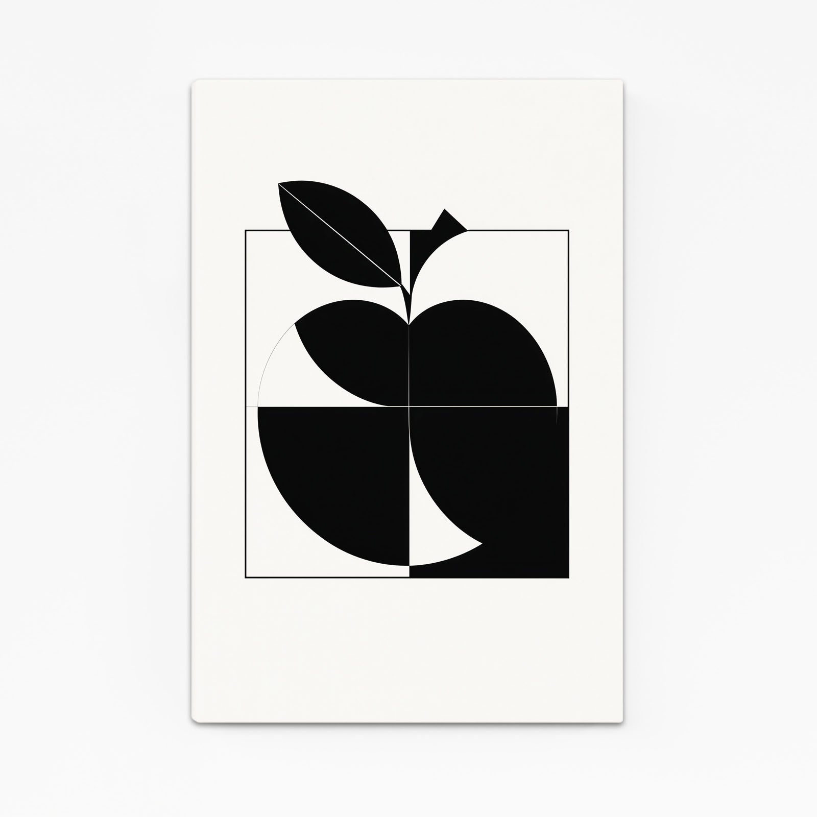 Geometric Black Half Apple Art – angled canvas view on white background