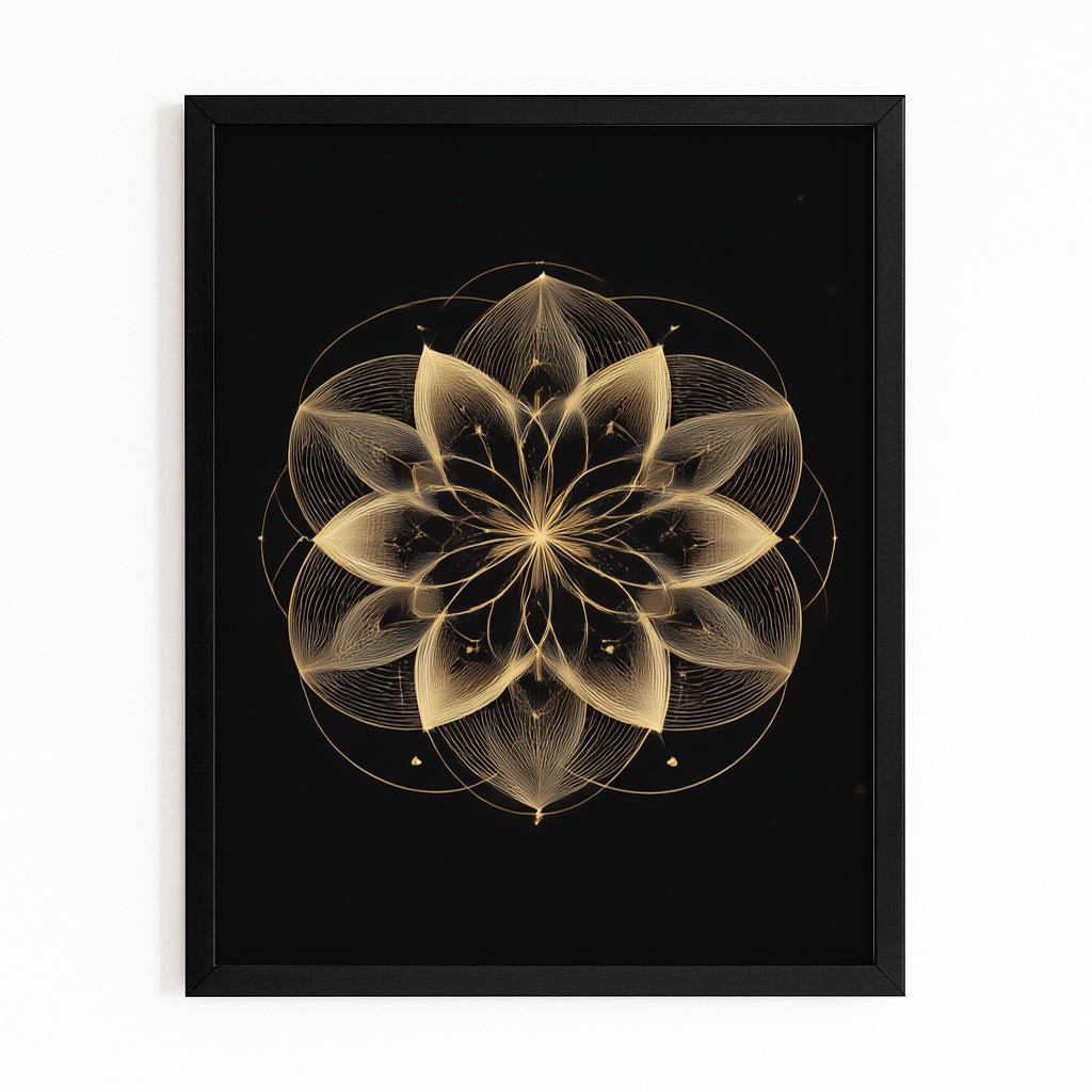 Geometric Bloom Gold Prints – with Premium Black frame on white background