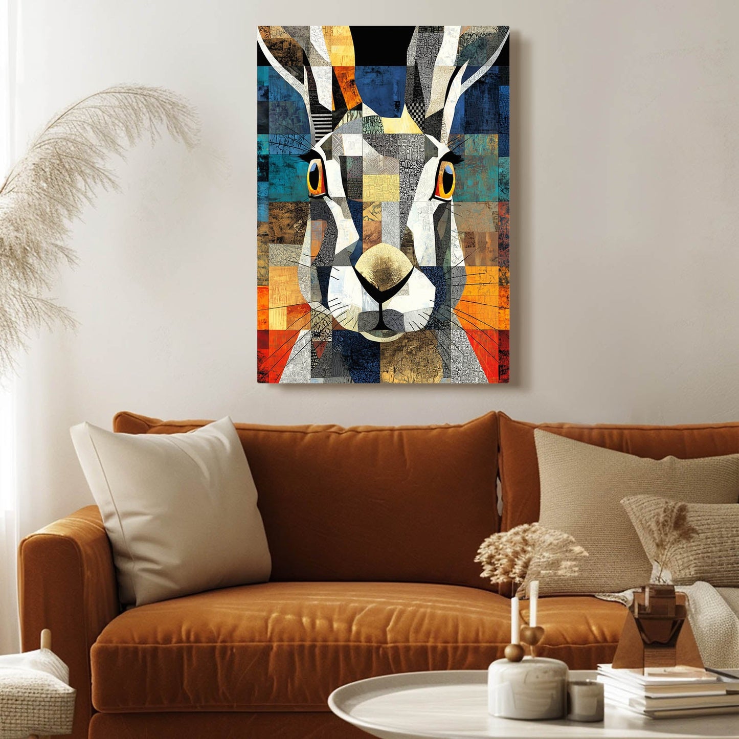 Geometric Bunny Art – angled canvas view on white background