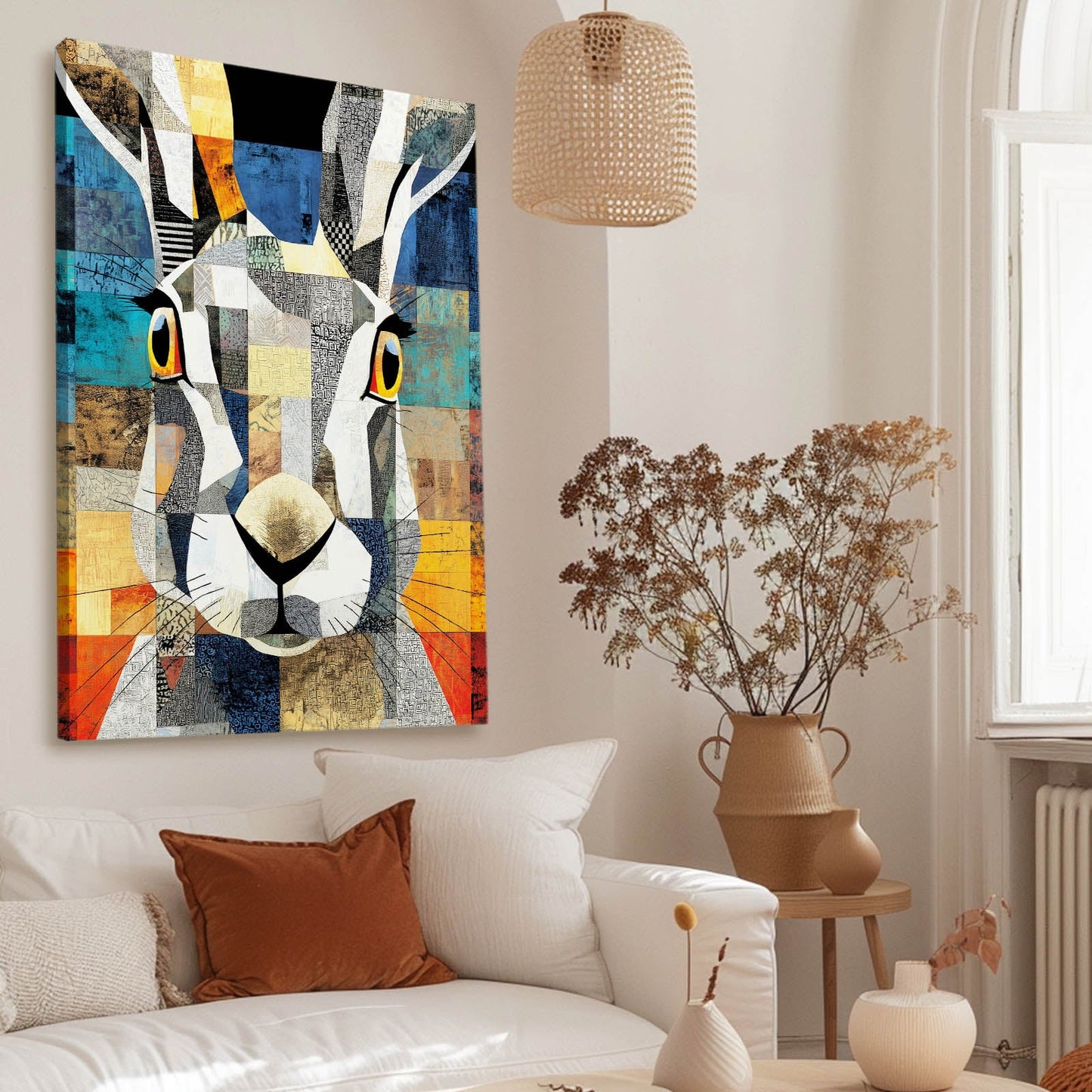 Geometric Bunny Art – angled canvas view on white background