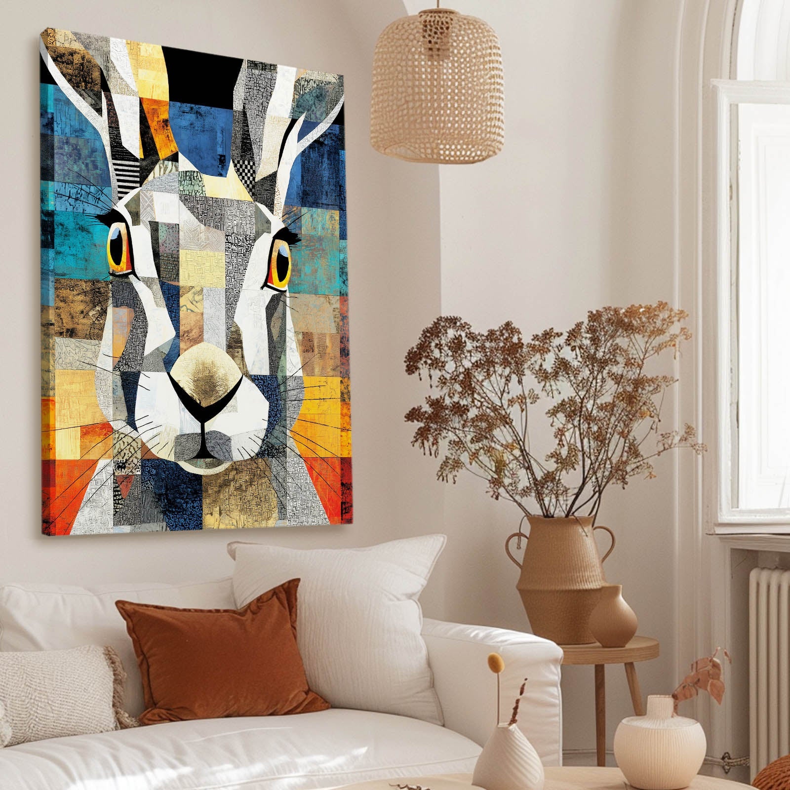 Geometric Bunny Art – angled canvas view on white background