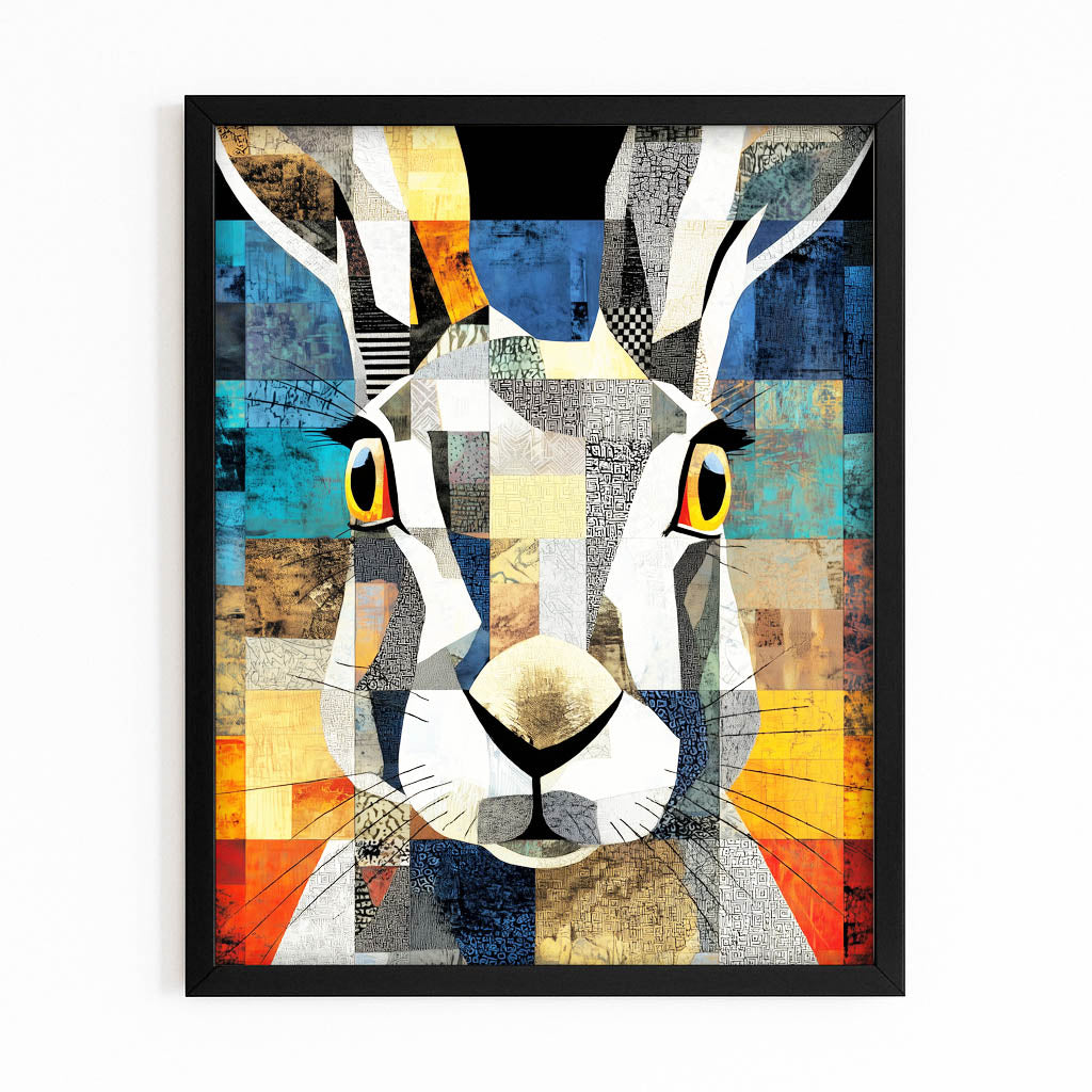 Geometric Bunny Art – with Premium Black frame on white background