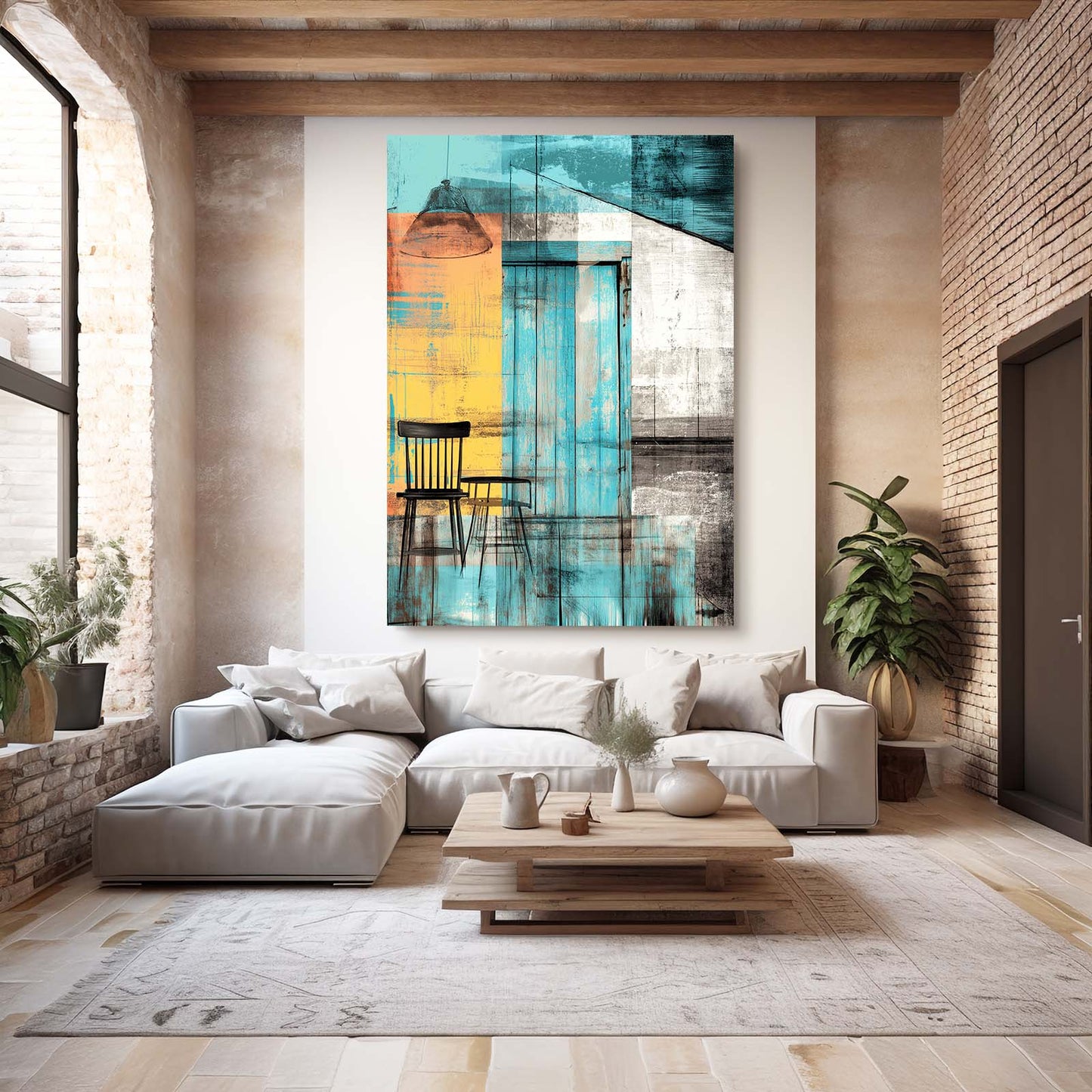 Geometric Color Block Farmhouse Canvas – styled in a furnished interior