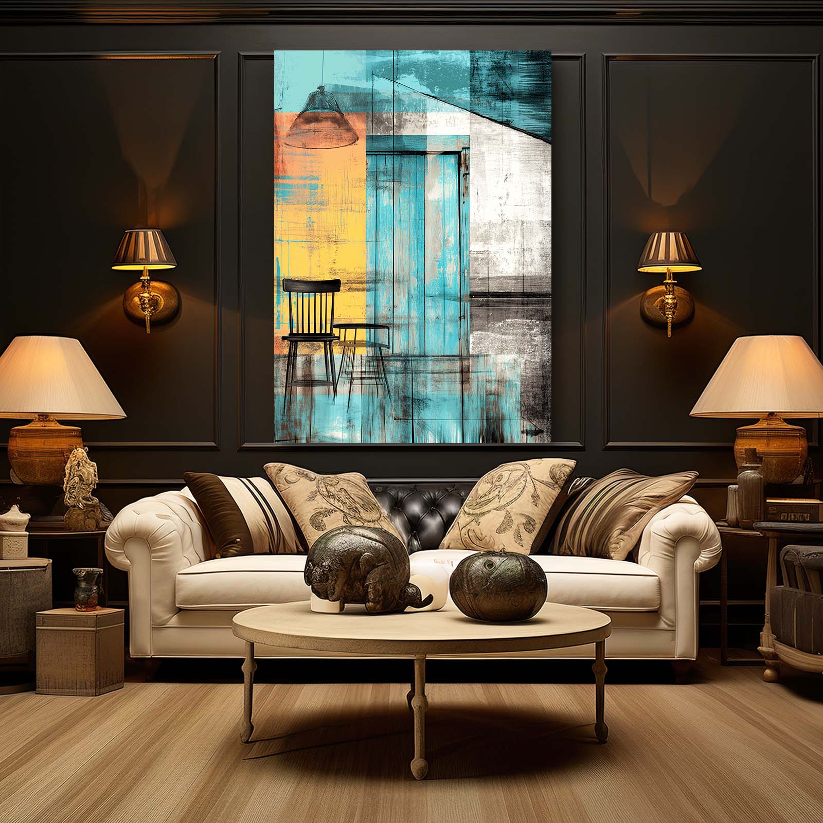 Geometric Color Block Farmhouse Canvas – styled in a furnished interior