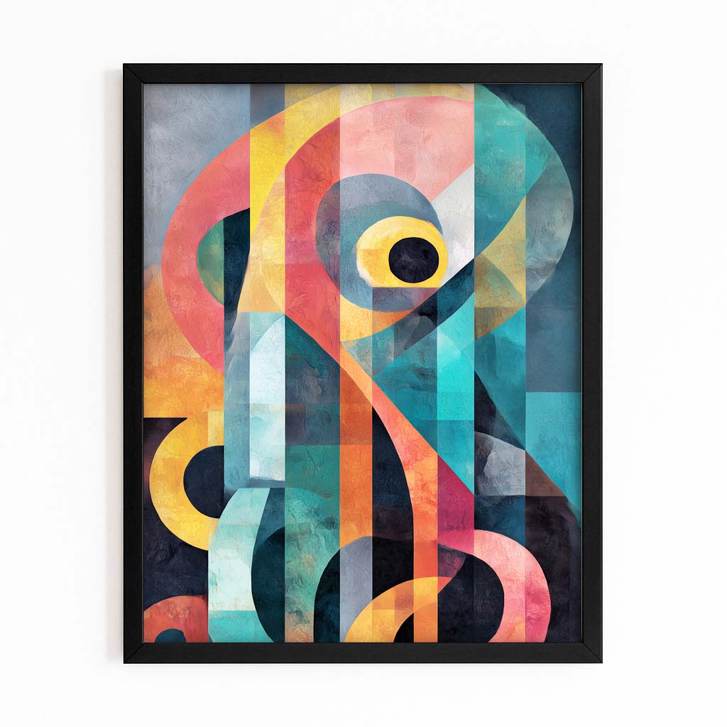 Geometric Color Blocks Octopus Prints – with Premium Black frame on white background