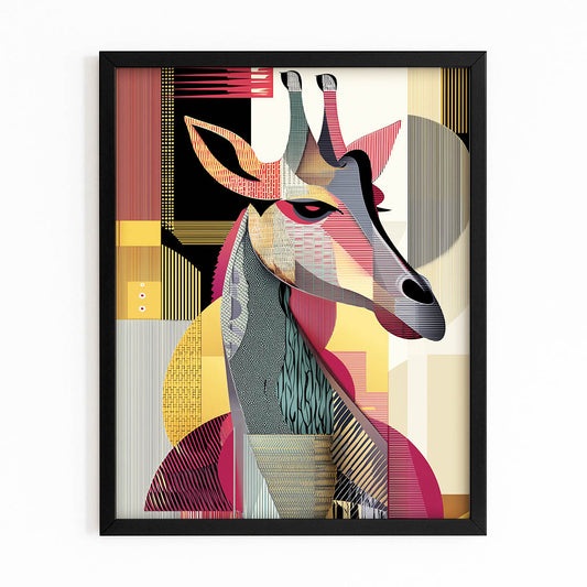 Framed abstract art print of a giraffe with geometric patterns on a white background