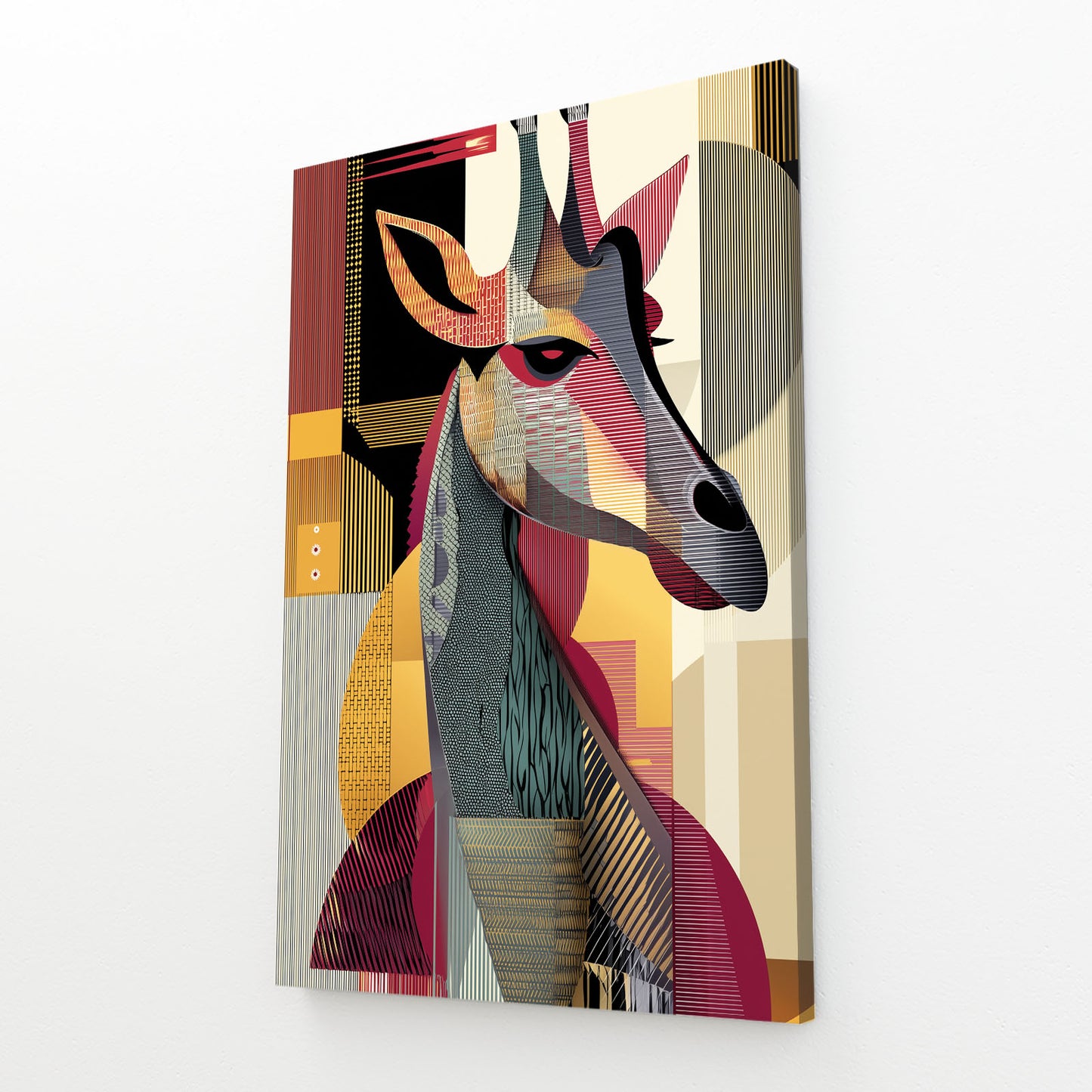 Abstract art of a giraffe with geometric patterns on a white background