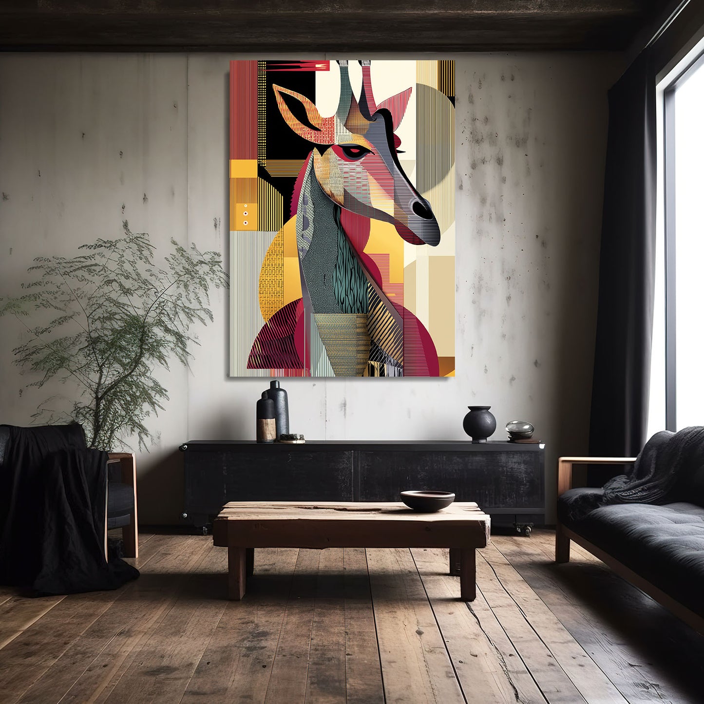 Living room with a modern abstract deer painting on the wall