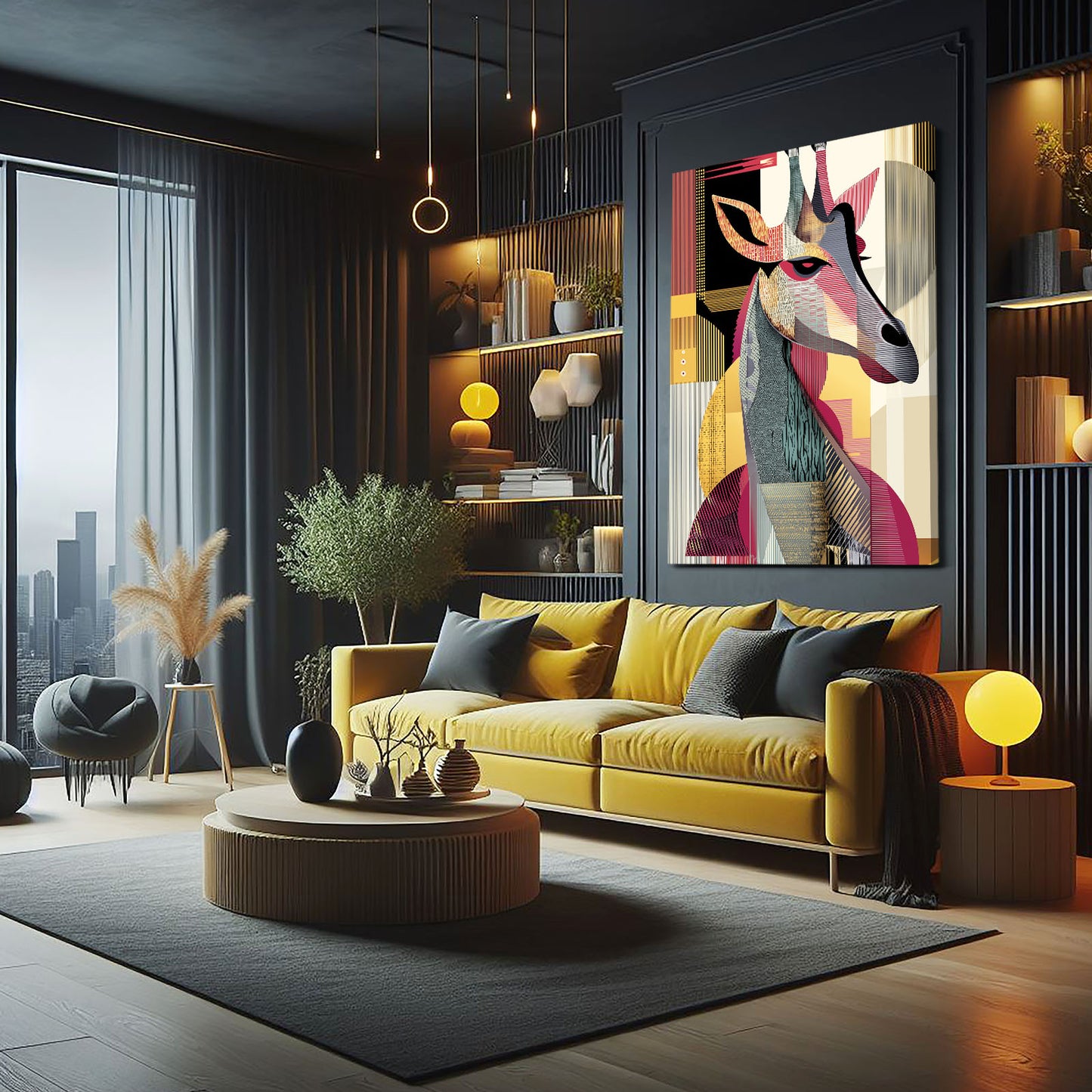 Modern living room with yellow sofa, decorative pillows, and a colorful abstract painting.