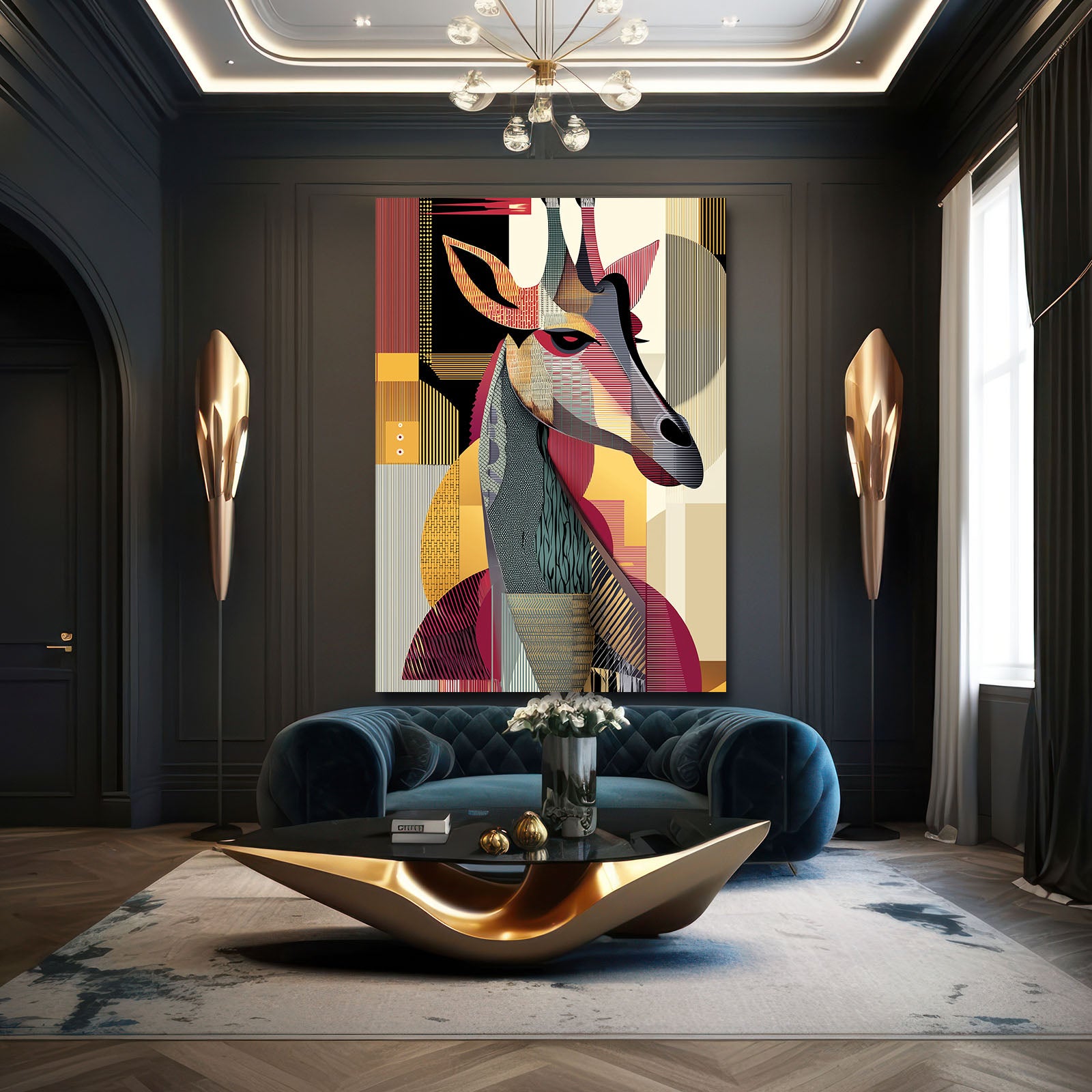 Modern living room with abstract deer painting, blue sofa, and gold coffee table.
