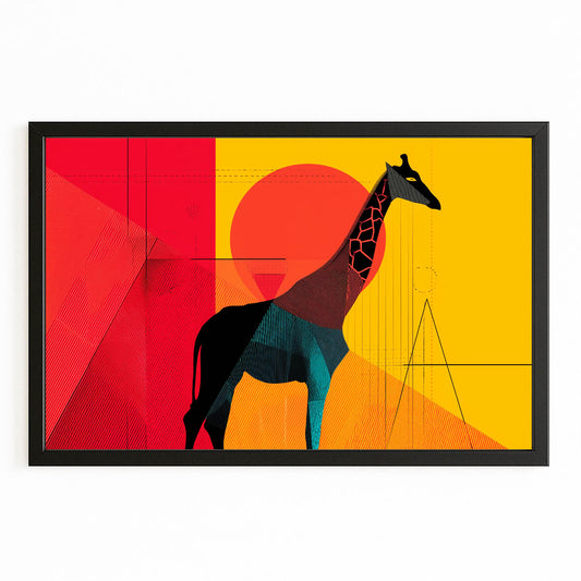 Abstract art print with a giraffe silhouette on a red and yellow geometric background