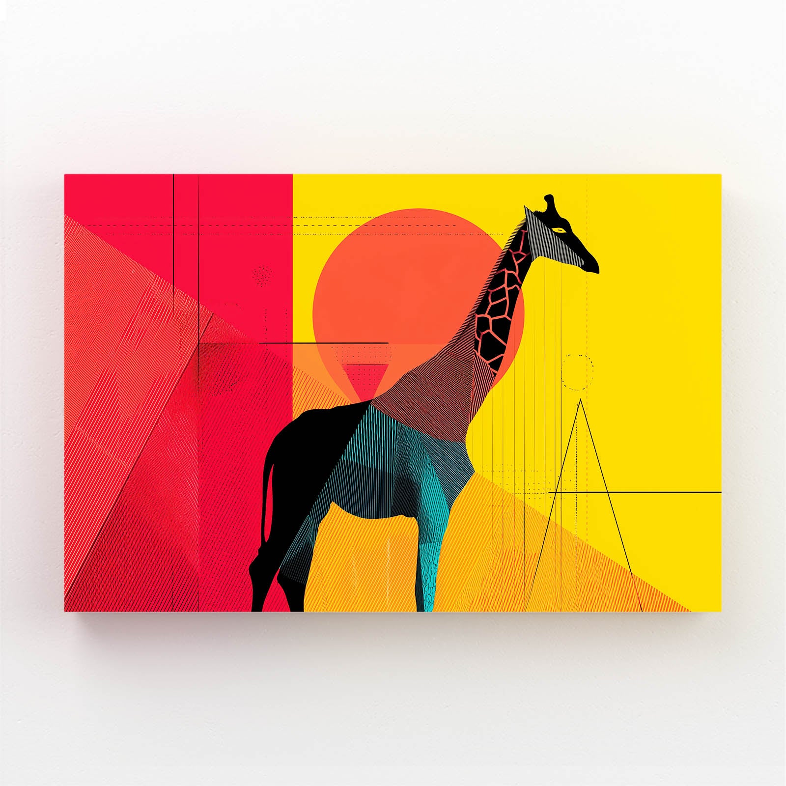 Abstract art piece with a giraffe silhouette on a colorful geometric background