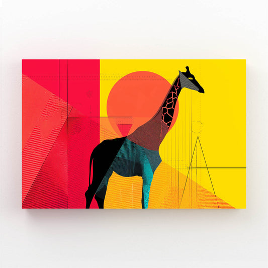 Abstract art piece with a giraffe silhouette on a colorful geometric background