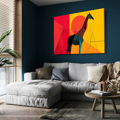 Modern living room with a colorful abstract painting of a giraffe on a blue wall.