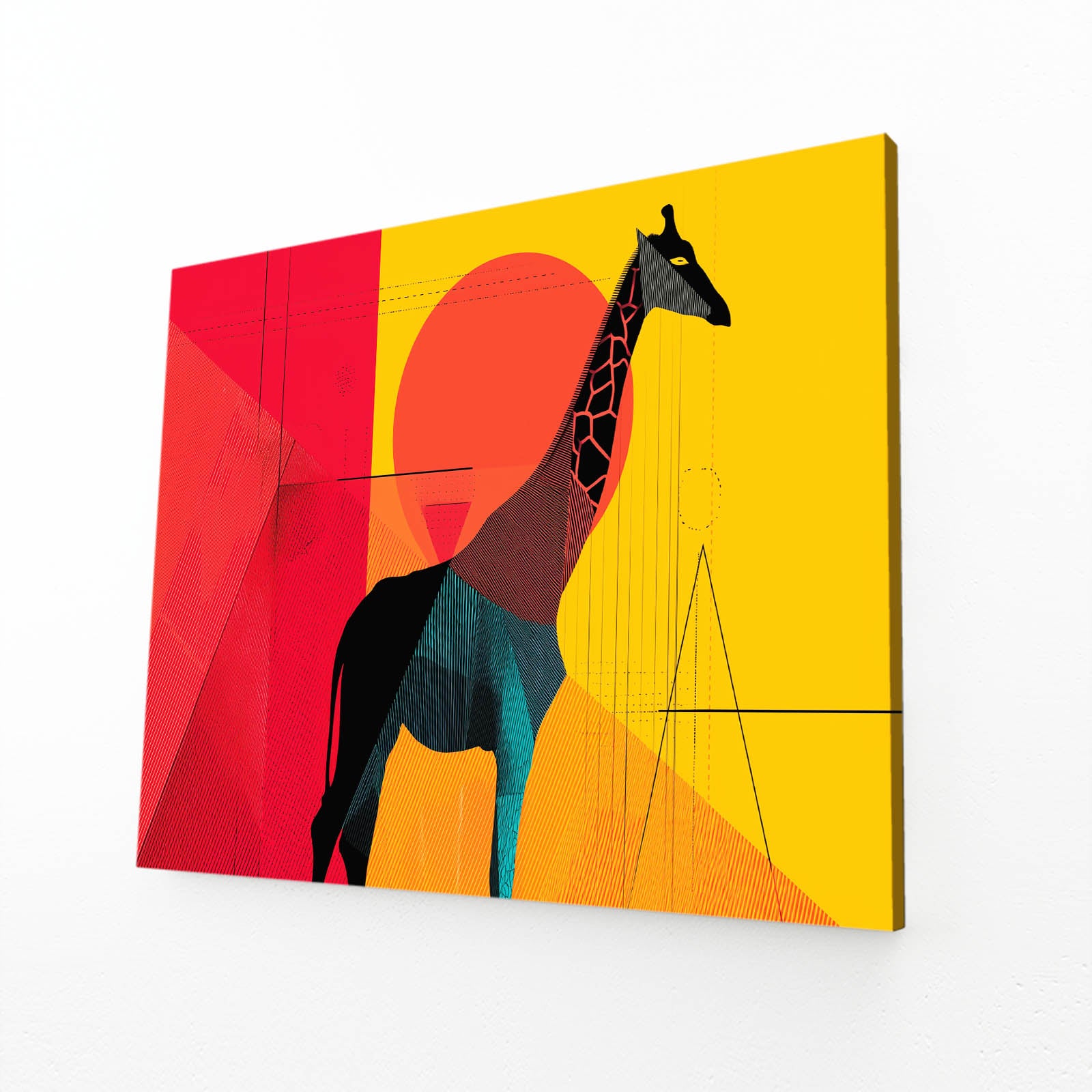 Colorful abstract painting of a giraffe with geometric shapes on a yellow background