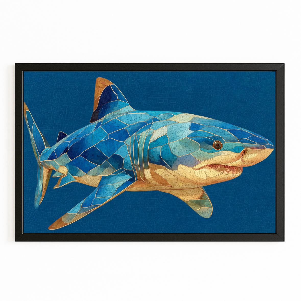 Geometric Mosaic Shark Wall Art – with Premium Black frame on white background