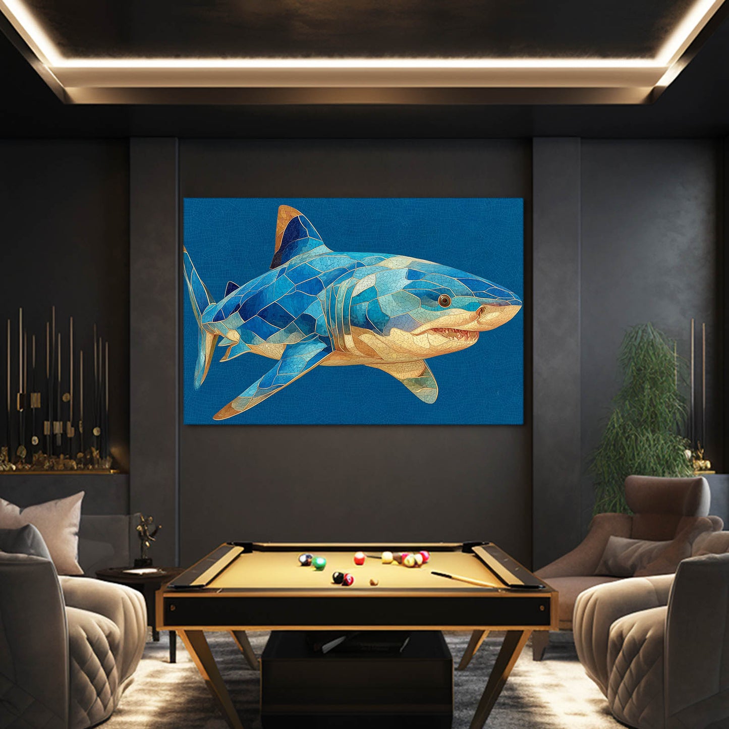 Geometric Mosaic Shark Wall Art – styled in a furnished interior