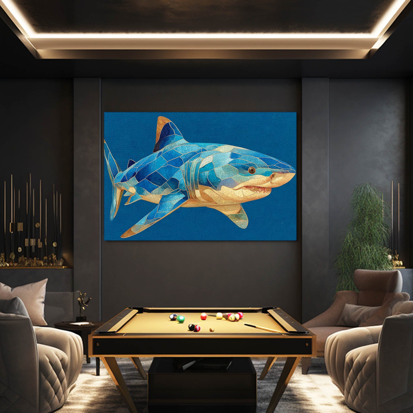 Geometric Mosaic Shark Wall Art – styled in a furnished interior