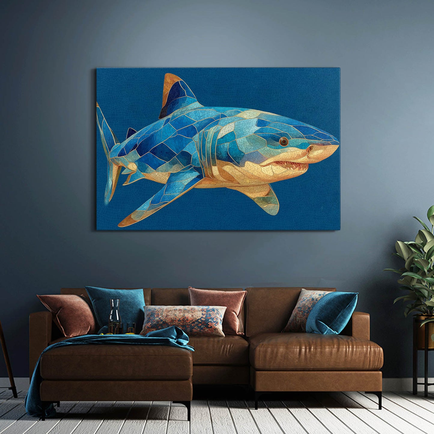 Geometric Mosaic Shark Wall Art – styled in a furnished interior