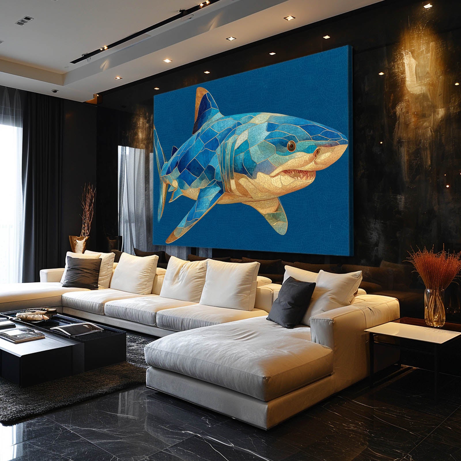 Geometric Mosaic Shark Wall Art – styled in a furnished interior