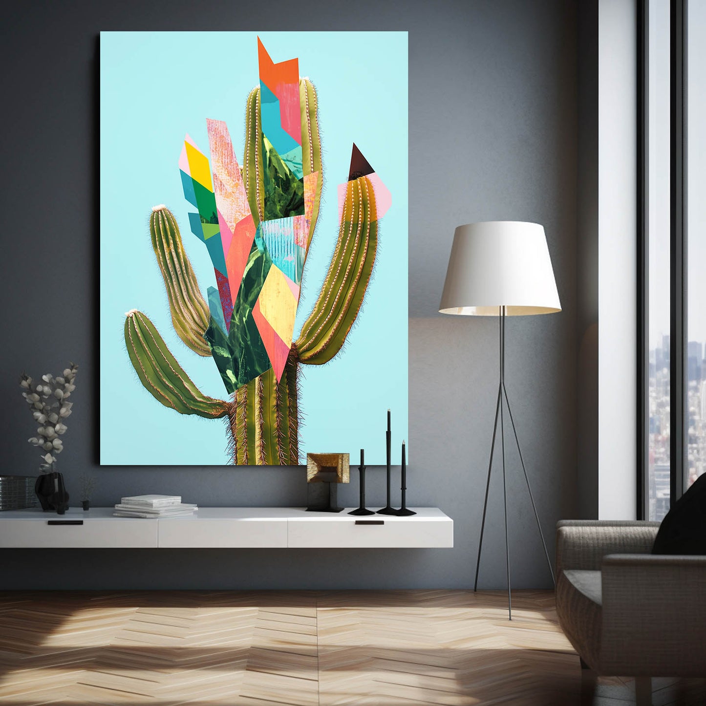 Geometric Paper Cut Cactus Canvas – styled in a furnished interior