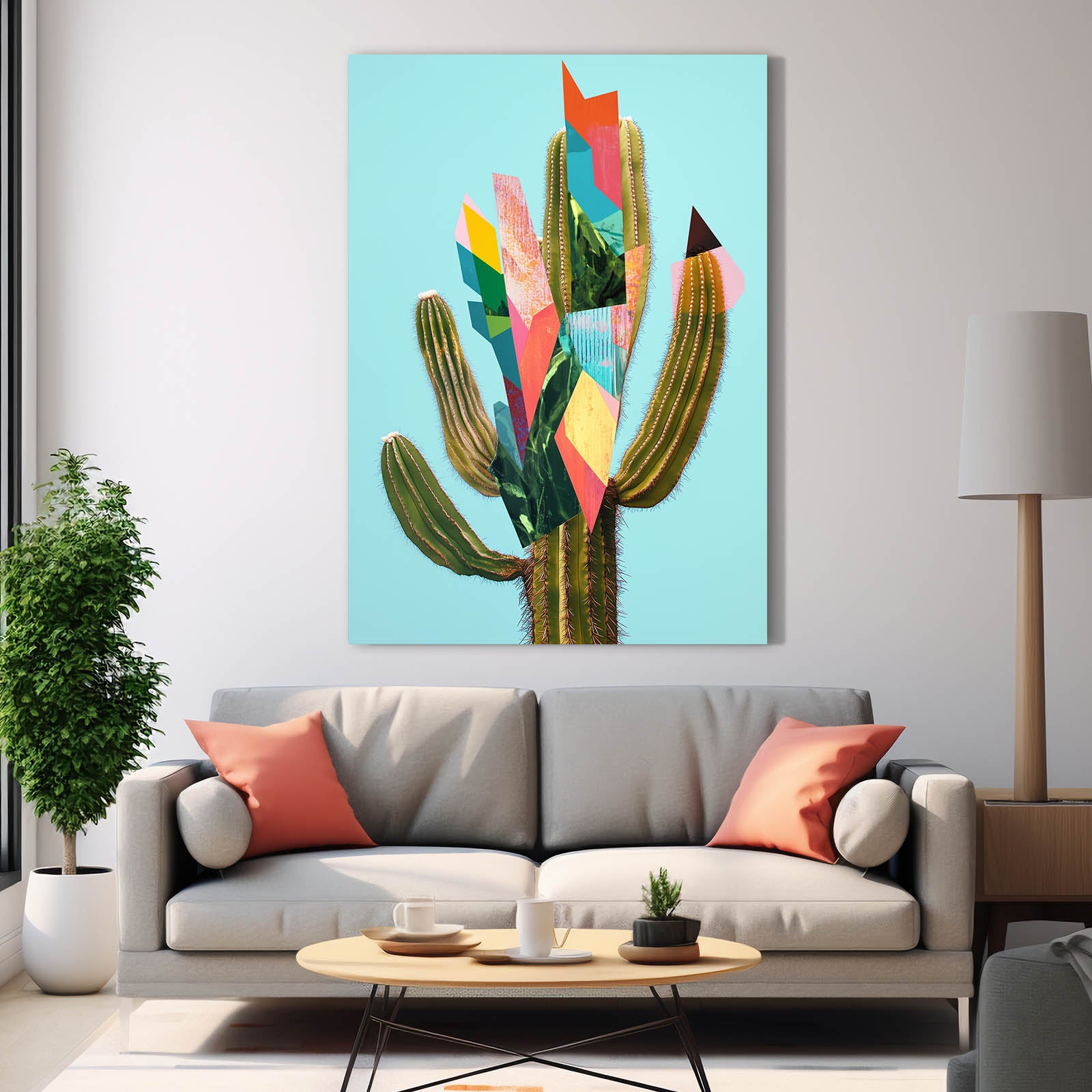 Geometric Paper Cut Cactus Canvas – styled in a furnished interior