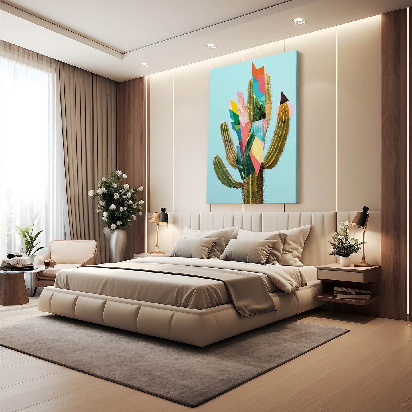 Geometric Paper Cut Cactus Canvas – styled in a furnished interior