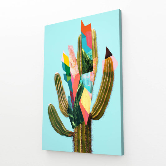 Geometric Paper Cut Cactus Canvas – angled canvas view on white background